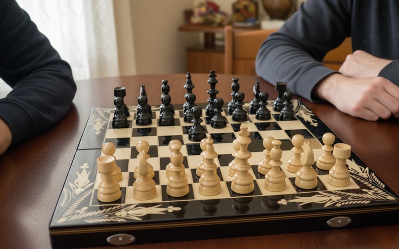 Joc de Șah și Table Marca din România ROmde™ din Lemn Natural de Fag Lucrat Autentic de Mână cu Unelte Tradiționale – Mai Multe Dimensiuni și Culori dintre Care Se Poate Alege - 44x44 cm, Negru cu Alb - Image 2