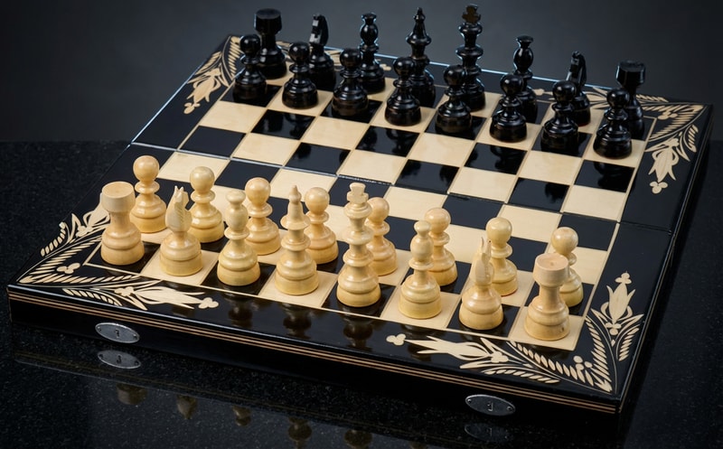 Joc de Șah și Table Marca din România ROmde™ din Lemn Natural de Fag Lucrat Autentic de Mână cu Unelte Tradiționale – Mai Multe Dimensiuni și Culori dintre Care Se Poate Alege - 44x44 cm, Negru cu Alb