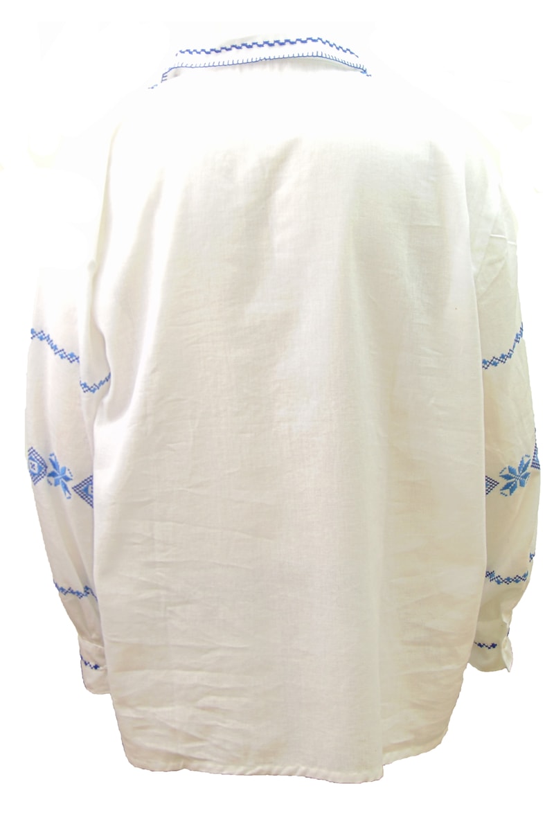 Ie Tradițională Autentică Românească Bărbătească Cusută Manual, Alb cu Albastru - Image 2