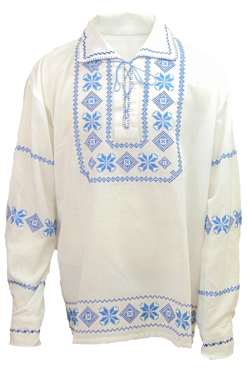 Ie Tradițională Autentică Românească Bărbătească Cusută Manual, Alb cu Albastru