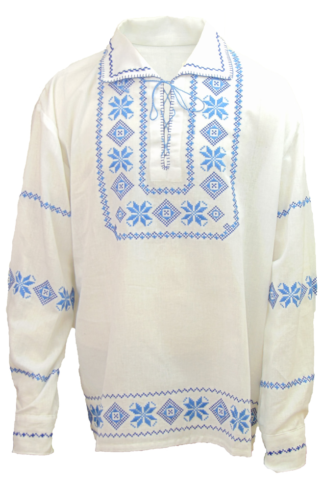 Ie Tradițională Autentică Românească Bărbătească Cusută Manual, Alb cu Albastru