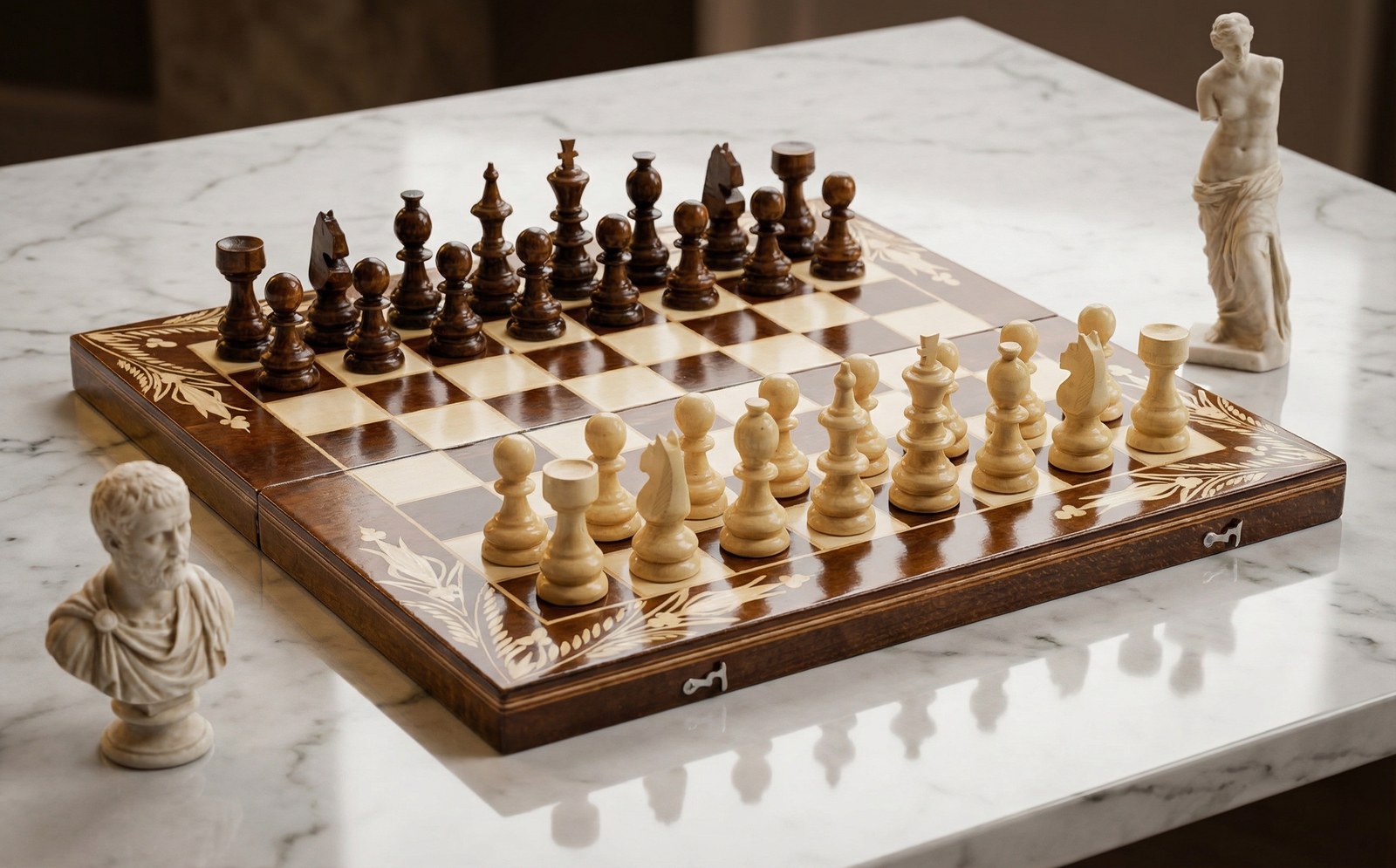 Set Șah și Table din Lemn de Fag Lucrat Manual, 50x50 cm (Maro/Alb) - Image 2