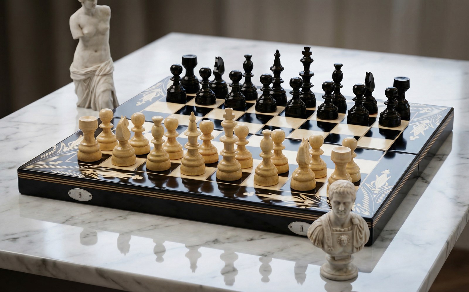 Set Șah și Table din Lemn de Fag Lucrat Manual, 44x44 cm (Negru/Alb) - Image 2