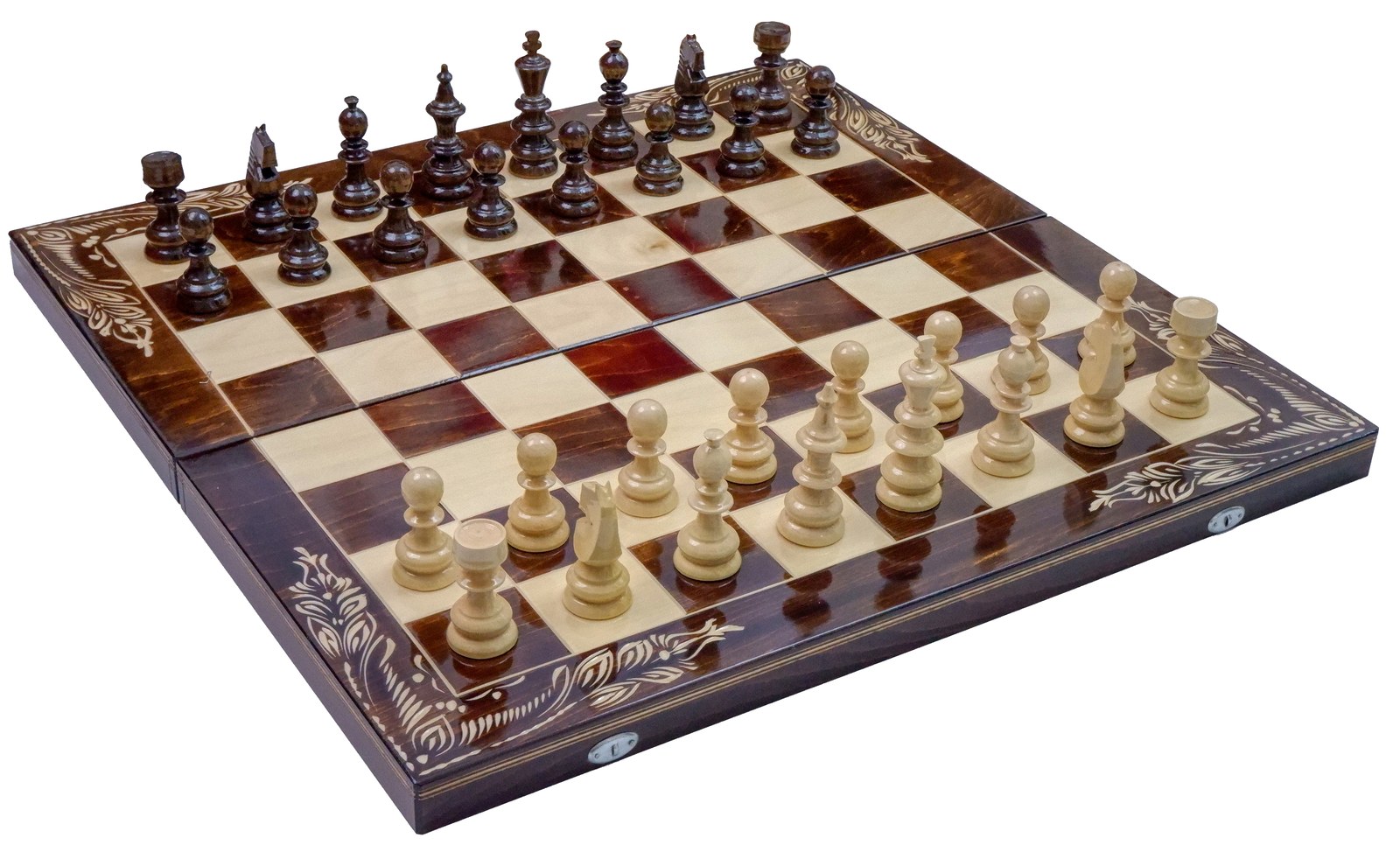 Set Șah și Table din Lemn de Fag Lucrat Manual, 65x65 cm (Maro/Alb) - Image 1