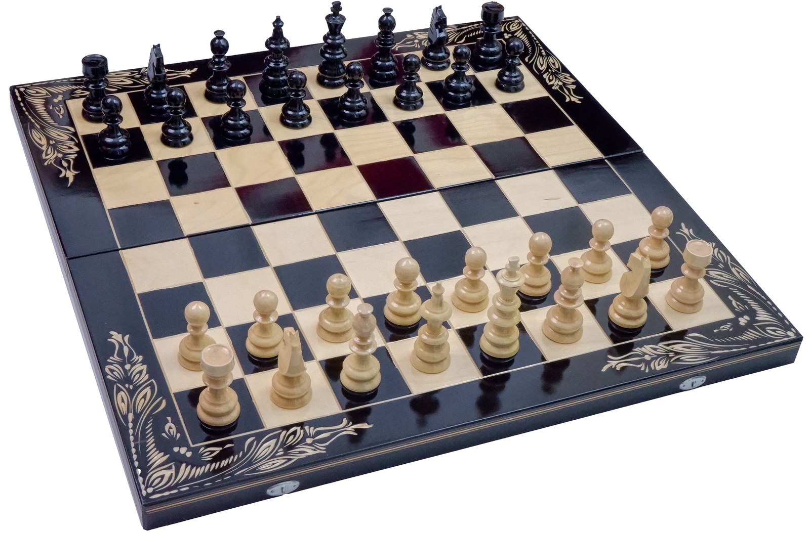 Set Șah și Table din Lemn de Fag Lucrat Manual, 65x65 cm (Negru/Alb)