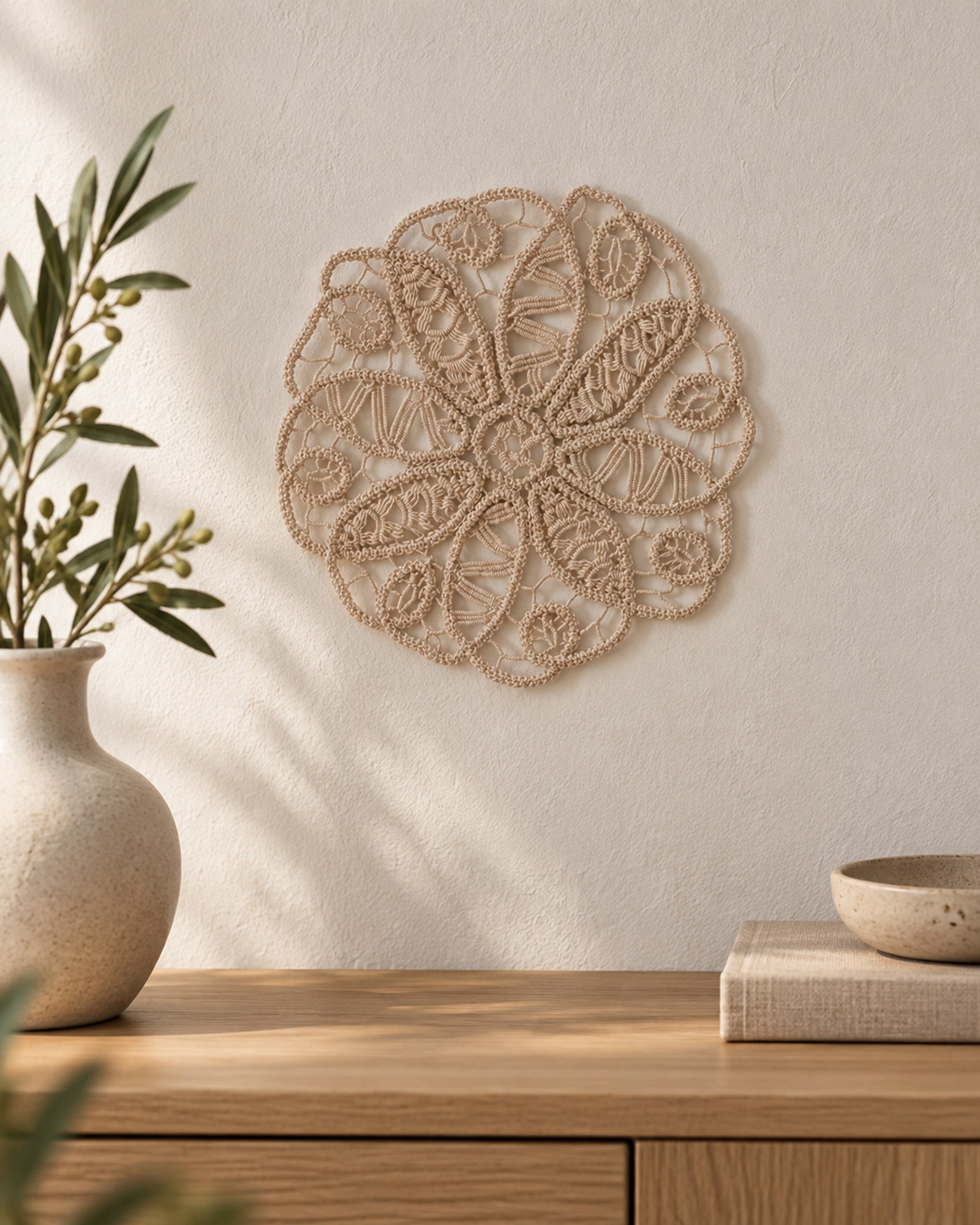 Decorațiune Croșetată de Perete tip Rozetă Florală, Lucrată Manual, [14×14 cm] (Crem)