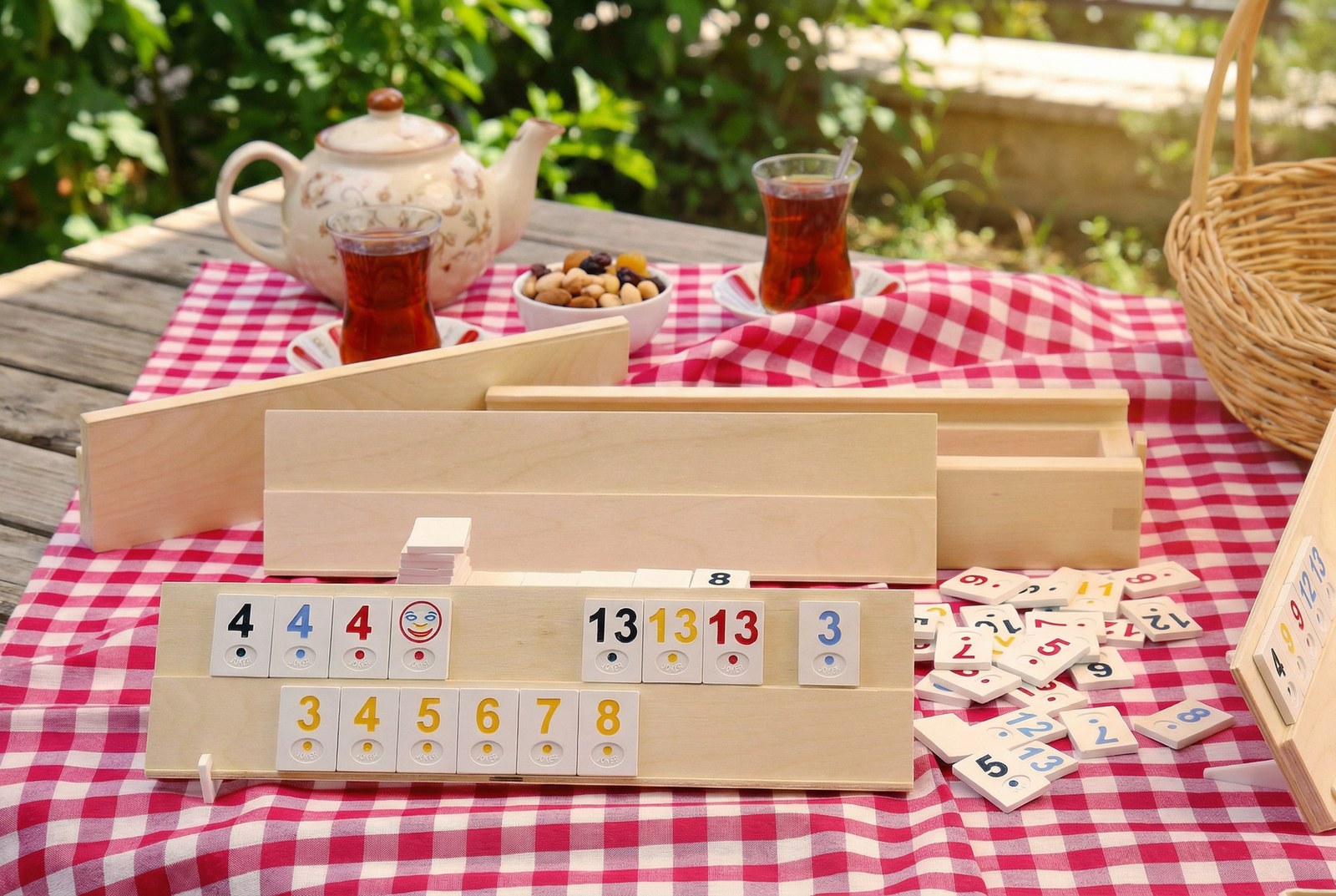 Joc Rummy (Remi) din Lemn Natural, Lucrat Manual, 35x11x6 cm