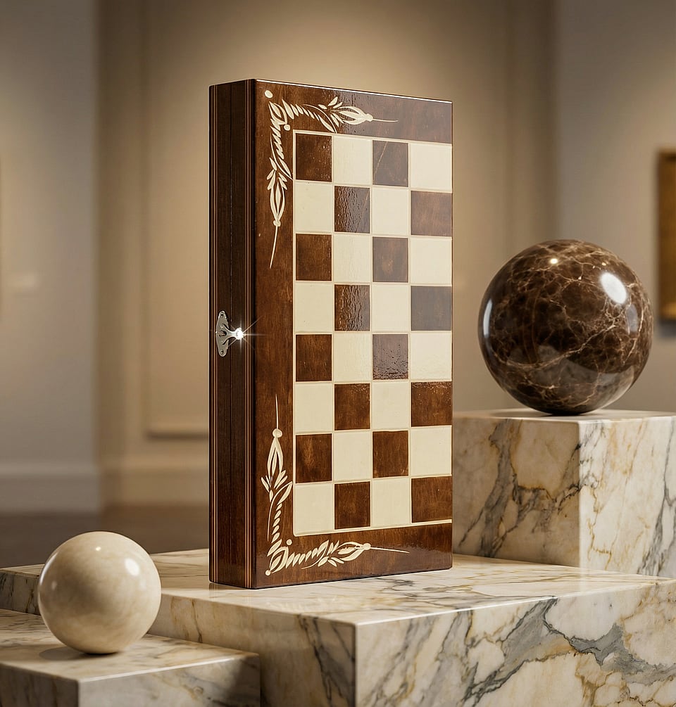 Set Șah și Table din Lemn de Fag Lucrat Manual, 38x38 cm (Maro/Alb)