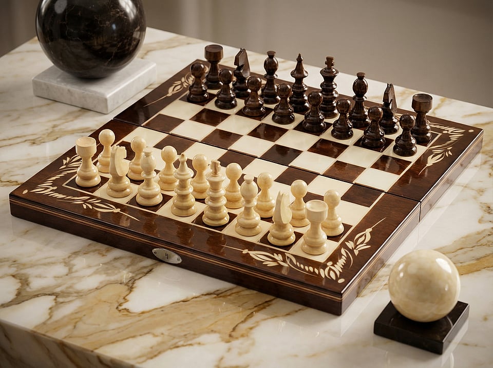 Set Șah și Table din Lemn de Fag Lucrat Manual, 38x38 cm (Maro/Alb)