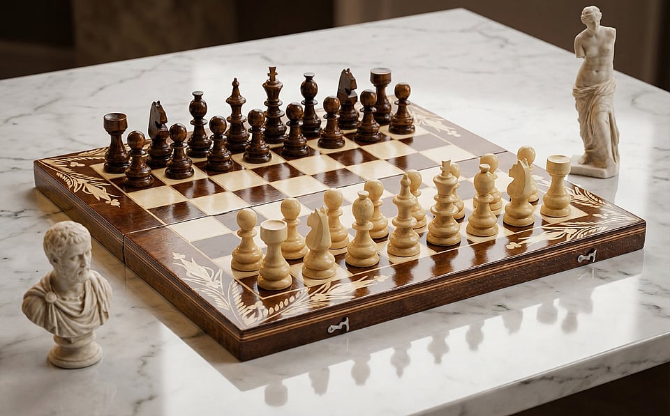 Set Șah și Table din Lemn de Fag Lucrat Manual, 50x50 cm (Maro/Alb) - View 2