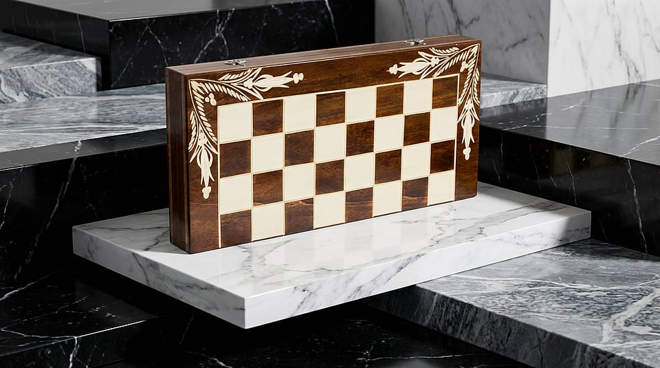 Set Șah și Table din Lemn de Fag Lucrat Manual, 44x44 cm (Maro/Alb)