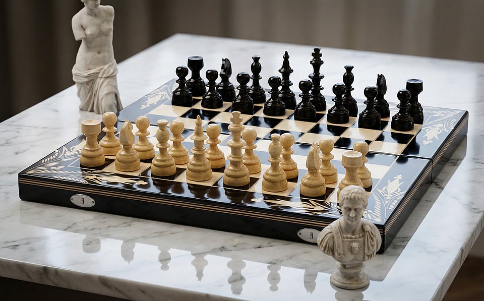 Set Șah și Table din Lemn de Fag Lucrat Manual, 44x44 cm (Negru/Alb) - View 2