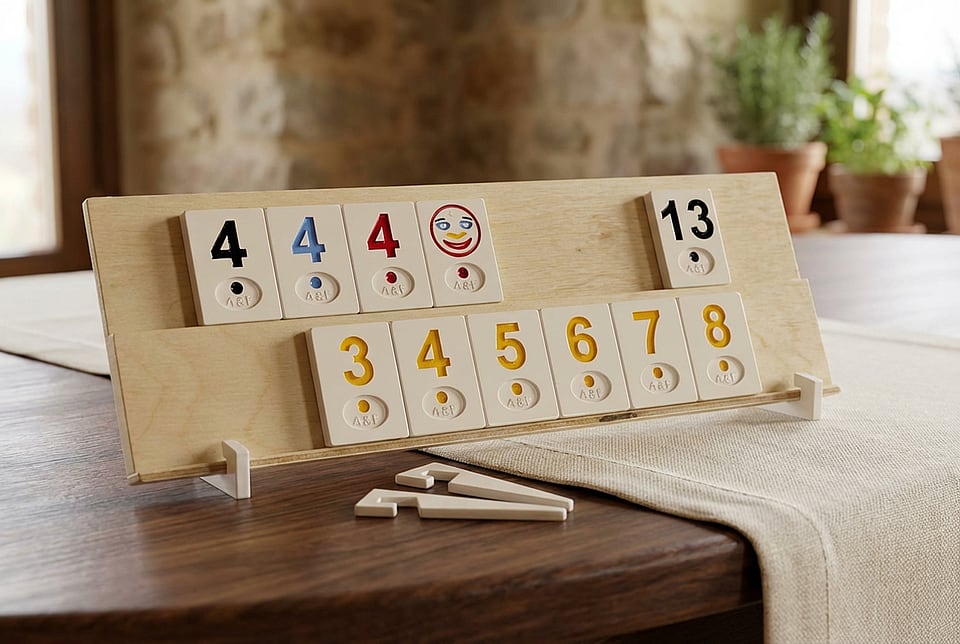 Joc Rummy (Remi) din Lemn Natural, Lucrat Manual, 35x11x6 cm