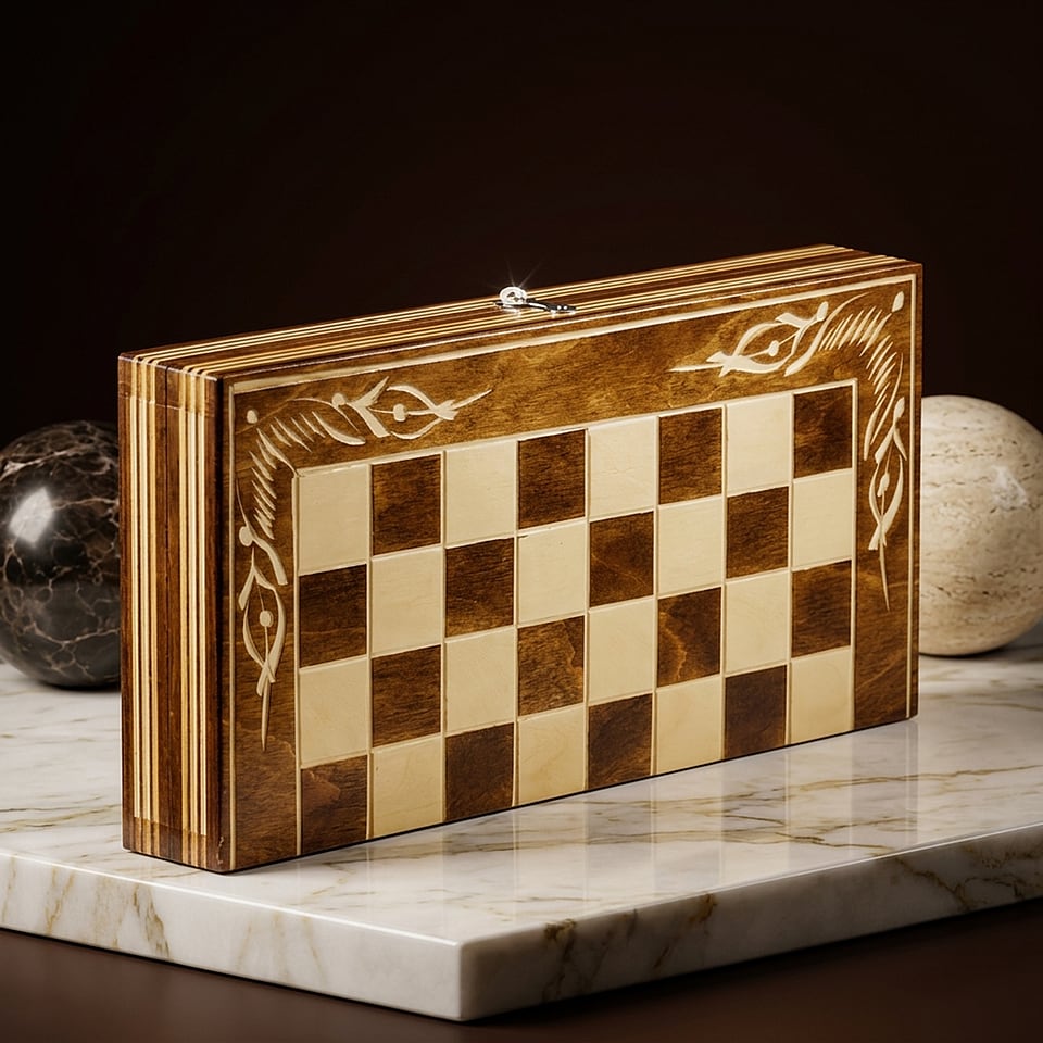 Set Șah și Table din Lemn de Fag Lucrat Manual, 26x26 cm (Maro/Alb) - imaginea 6