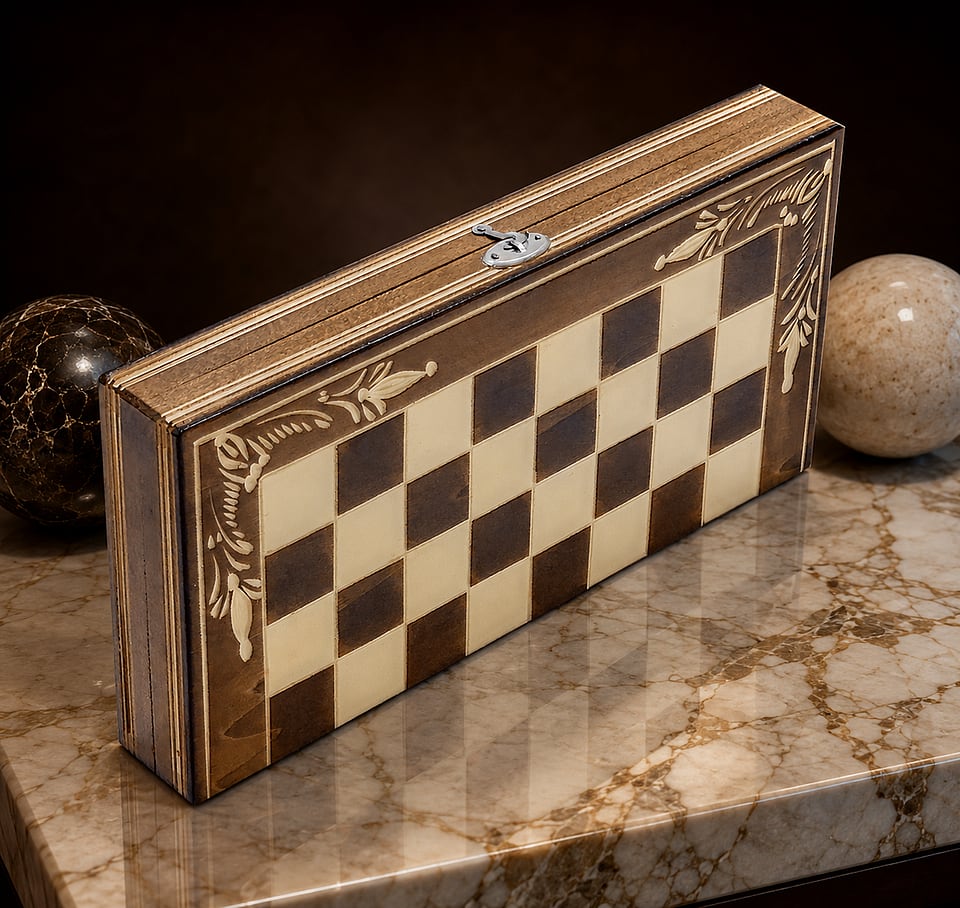Set Șah și Table din Lemn de Fag Lucrat Manual, 32x32 cm (Maro/Alb) - imaginea 5