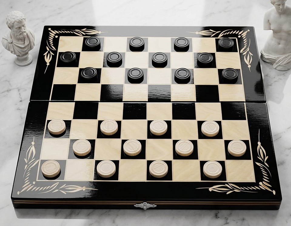 Set Table și Dame din Lemn de Fag, Lucrat Manual, 38×38 cm (Negru/Alb) - imaginea 3