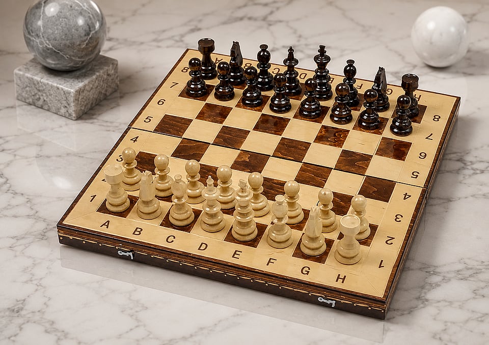 Set Șah și Table din Lemn de Fag, Lucrat Manual, Numerotat, 44x44 cm (Maro/Alb)