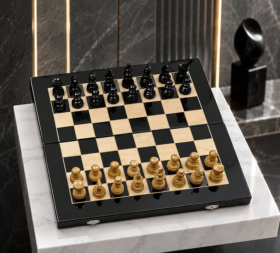 Set Șah și Table Clasic din Lemn de Fag, Lucrat Manual, 44×44 cm (Negru/Alb)