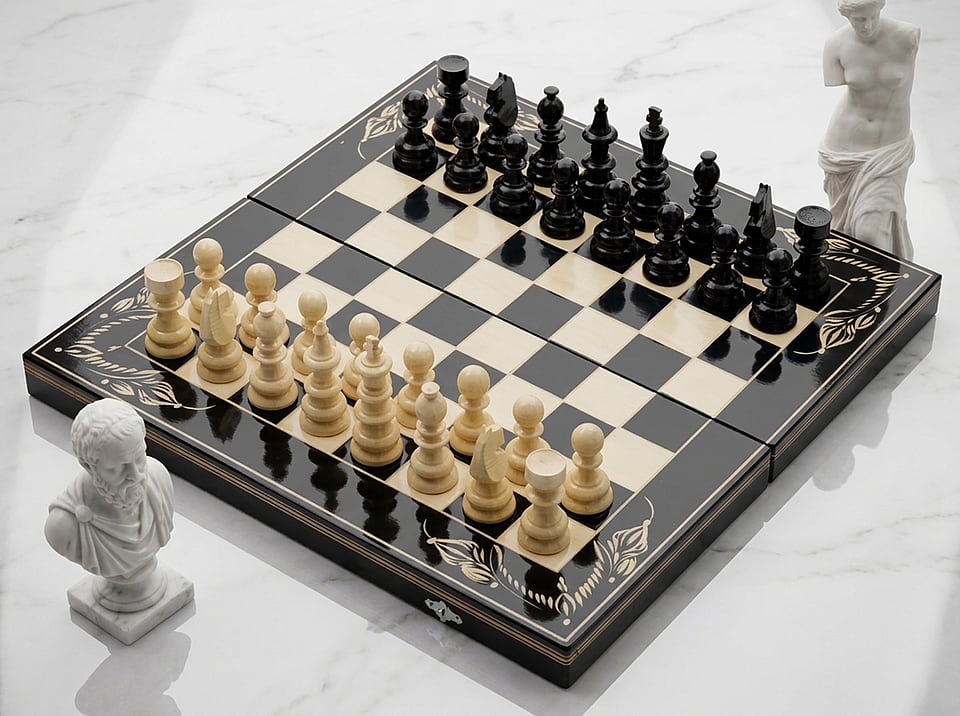Set Șah și Table din Lemn de Fag Lucrat Manual, 50x50 cm (Negru/Alb)