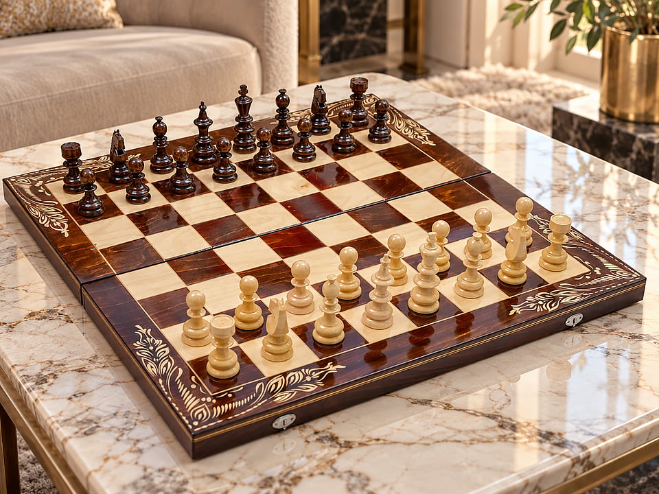 Set Șah și Table din Lemn de Fag Lucrat Manual, 65x65 cm (Maro/Alb)