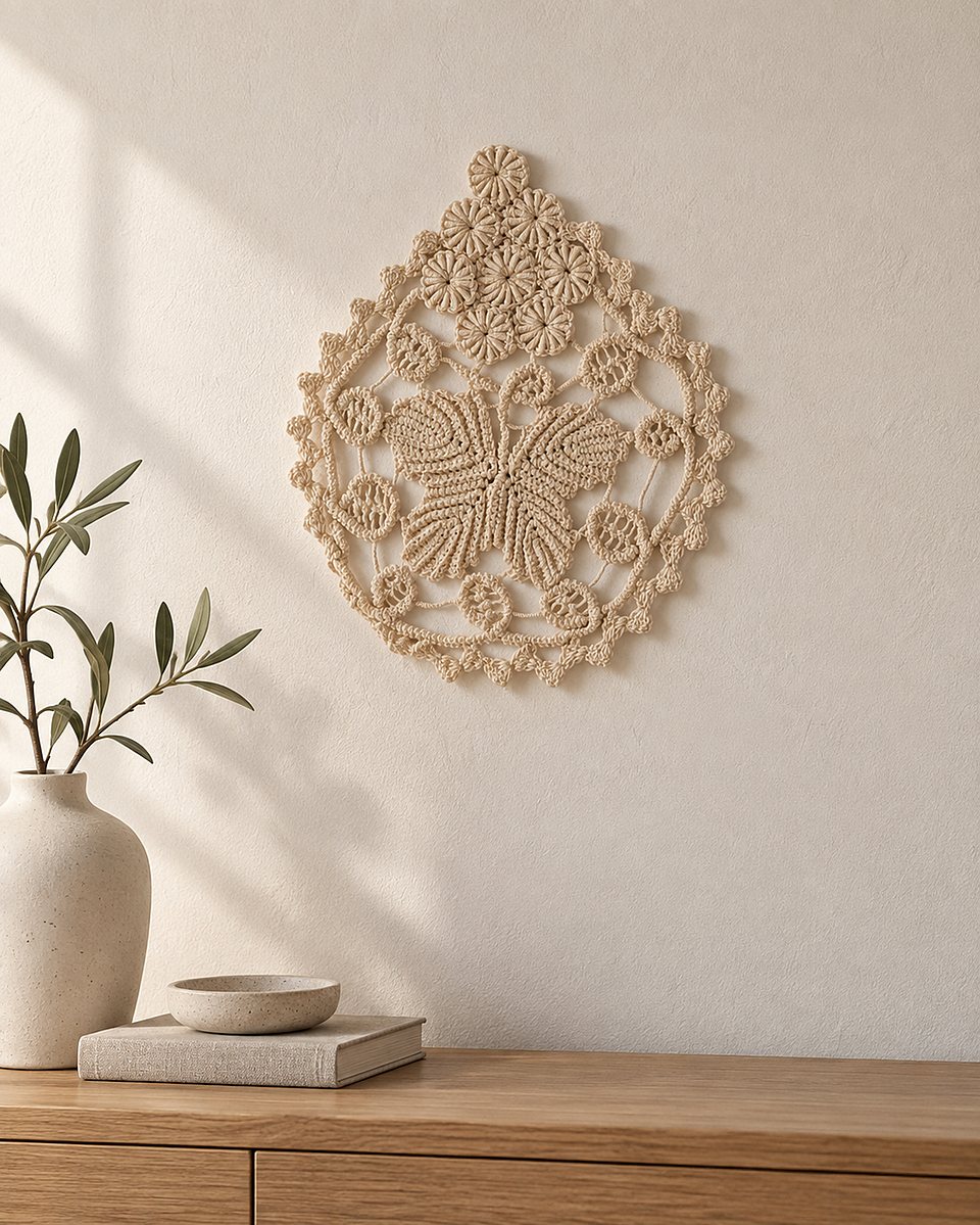 Decorațiune Croșetată de Perete cu Fluture, Lucrată Manual, [16×14 cm] (Crem)