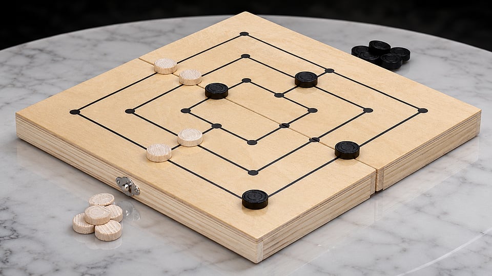 Set Joc de Moară și Table din Lemn Natural, Lucrat Manual, 38x38 cm