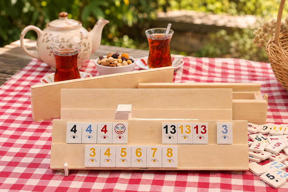 Joc Rummy (Remi) din Lemn Natural, Lucrat Manual, 35x11x6 cm